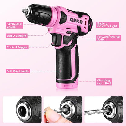 DEKO 8V Cordless Drill Set – 126-Piece Household Tool Set